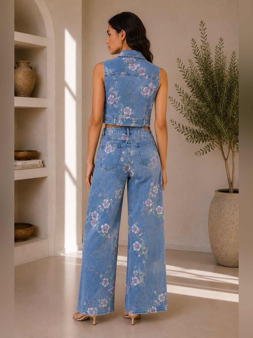 610. Garden Muse Floral Denim Vest & Wide Leg Jeans Set - Picture 2 of 2